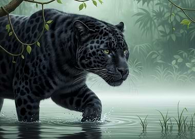 Black Panther in Misty Jungle Water