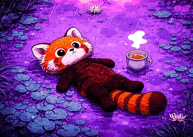Red Panda Relaxing with Tea in the Rain