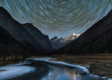 Star Trails Over Mountain Valley River