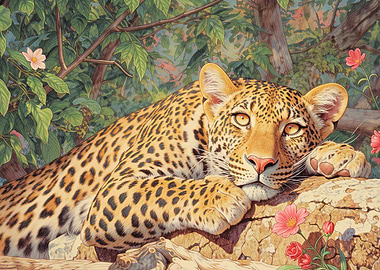 Leopard resting in a lush forest