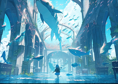 Whales and Girl in Flooded Ruins