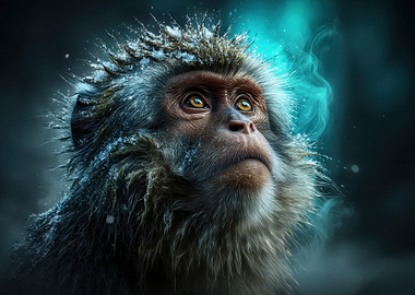 Snow-covered monkey with glowing aura