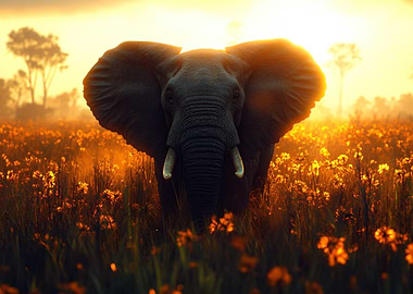Elephant in a field at sunset