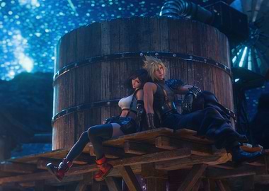 Final Fantasy VII Cloud and Tifa sitting by a large barrel