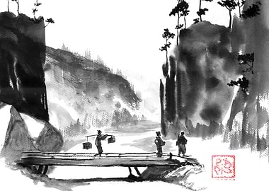 Ink painting of people crossing a bridge