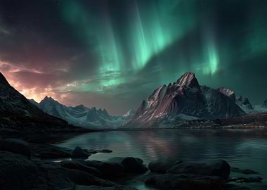 Aurora Borealis over Mountains and Lake