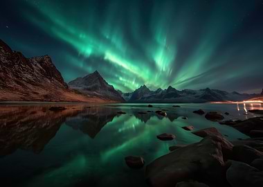 Aurora Borealis over Mountains and Lake