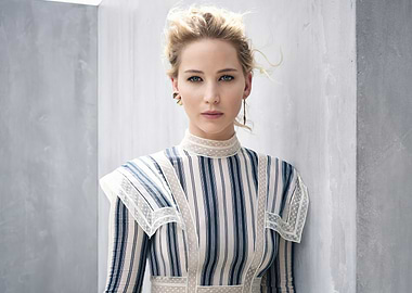 Jennifer Lawrence Posing in Striped Dress