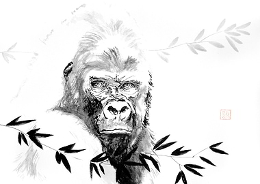 Gorilla Portrait with Bamboo