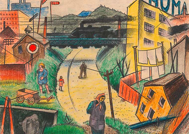 Industrial Cityscape with Train and Figures