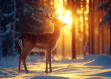 Deer in a Snowy Forest at Sunset