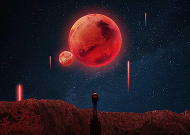 Astronaut on Mars with Red Planets