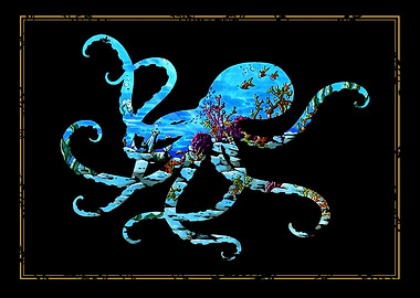 Octopus Silhouette with Underwater Scene