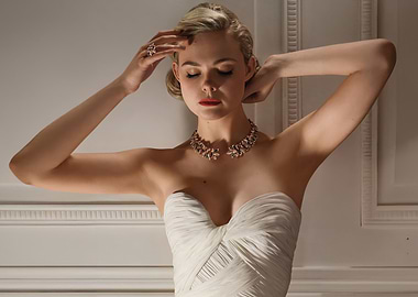 Elle Fanning in White Gown and Jewelry