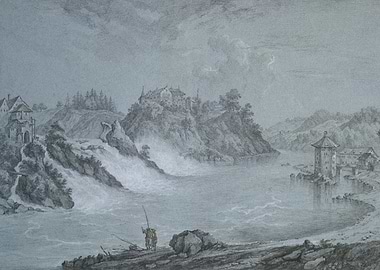 Scenic Waterfall Landscape with Buildings and Fishermen