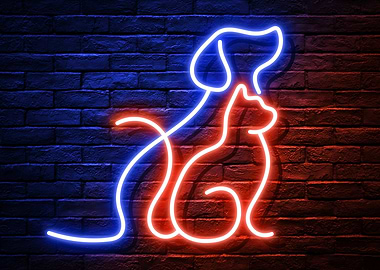 Neon Blue Dog and Red Cat Pet Animal Silhouette Canine Feline on a dark brick wall background