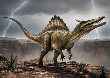 Spinosaurus in a stormy canyon