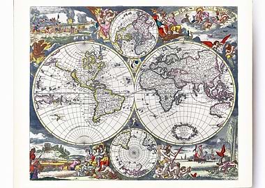 Antique World Map with Celestial and Terrestrial Scenes
