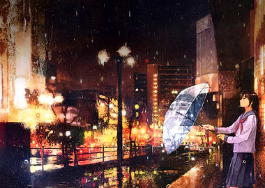 Girl with Umbrella in Rainy City