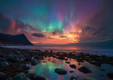 Aurora Borealis Over Rocky Coastline