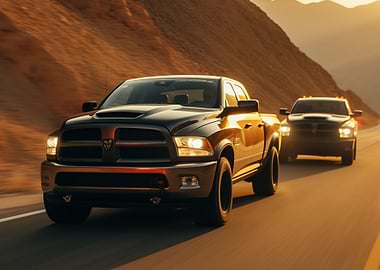 Two Ram trucks on the road