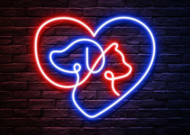 Neon Heart with a Blue Dog and a Red Cat, Canine and Feline Love on a dark brick wall background