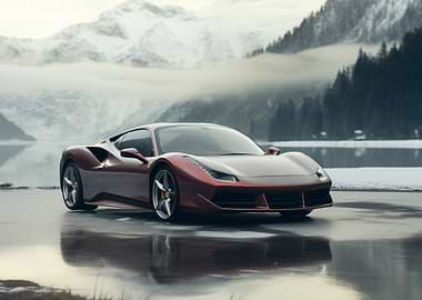 Red Ferrari on Icy Lake