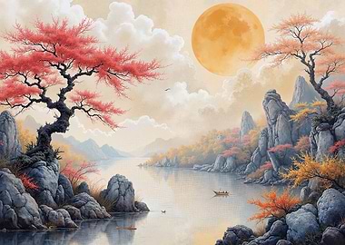 Serene Japanese Landscape with Full Moon