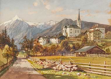 Alpine Village with Snow-Capped Mountains
