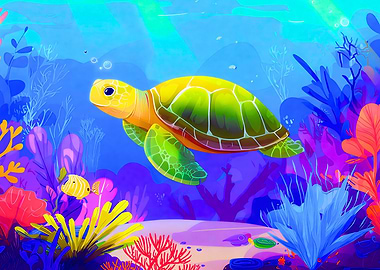 Sea Turtle Swimming in Coral Reef