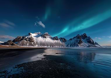 Aurora Borealis over Snowy Mountainscape