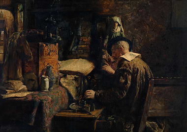 Monk Studying in a Dimly Lit Room
