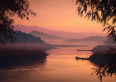 Misty River at Sunset