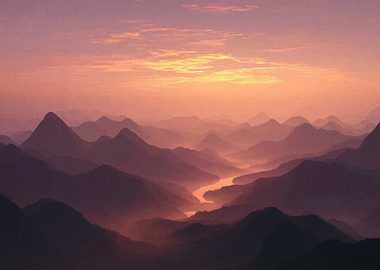 Misty Mountain Sunrise Over River