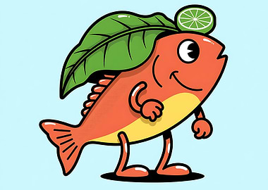 Cartoon Fish with Leaf and Lime Hat