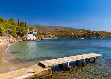Idyllic Greek Beach with Wooden Pier, Lesvos