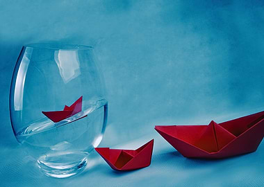 Red Origami Boats in Glass