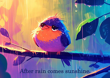 Sad bird in the rain with Positive Quote