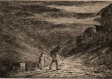 Two figures walking at night with a lantern
