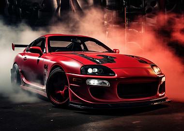 Red Toyota Supra in Smoke
