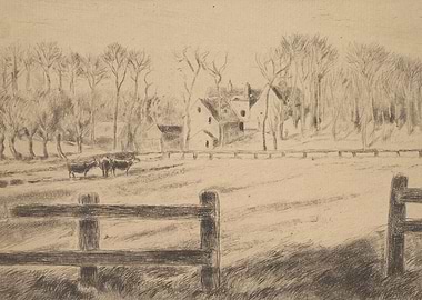 Rural Farm Scene with Cattle and Trees