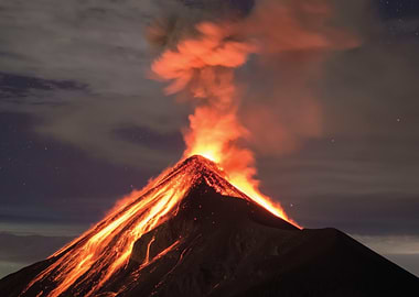 Volcano erupting at night