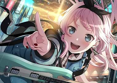Anime Girl with Pink Hair and Guitar