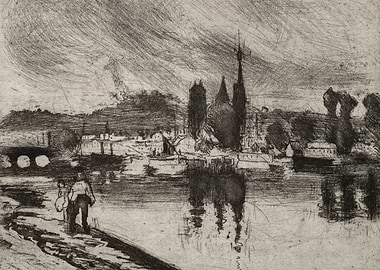 Riverfront Cityscape with Pedestrian