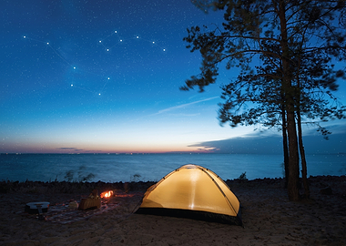Night camping by the sea under the stars