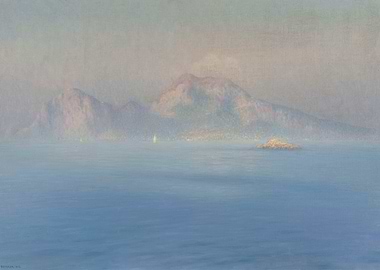 Misty Coastal Landscape with Mountains and Sea