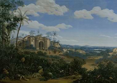 Tropical landscape with ancient ruins and wildlife