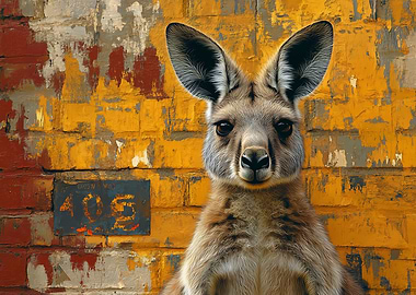 Kangaroo in front of a brick wall