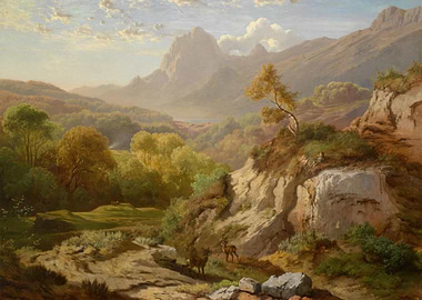 Deer in a Mountainous Landscape Painting