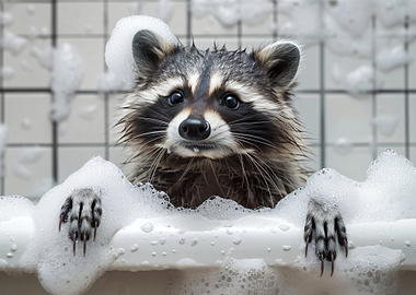 Cute Raccoon in Bathtub with Bubbles